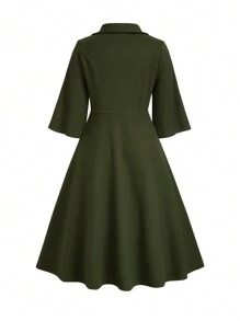 SHEIN Unity Women's Plus Size Solid Color Lapel Collar Half Sleeve Long Overcoat For Spring And Autumn, Winter - Dark Green - View 2