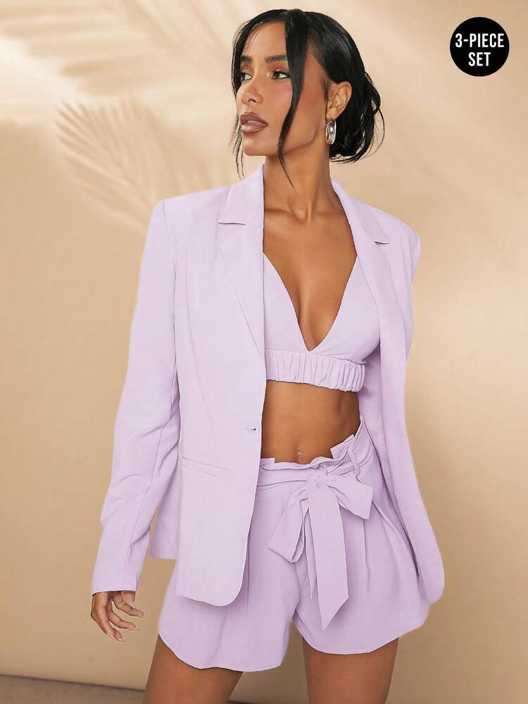 Triangle Top & Tie Shorts & Blazer Two Pieces Set