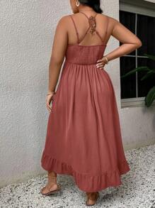 SHEIN VCAY Plus Size Lace Splicing Ruffle Hem Cami Dress For Vacation And Leisure,Beach Dress Sundress,Holiday Outfits Boho - Redwood - View 2