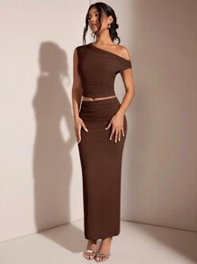 SHEIN BAE 不對稱領口褶皺上衣和鉛筆裙 - 咖啡棕 - 查看 7