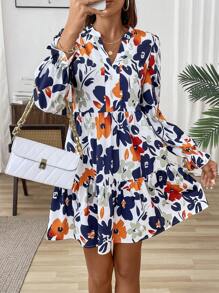 SHEIN LUNE Floral Print Notched Neck Ruffle Hem Smock Dress - Multicolor - View 4