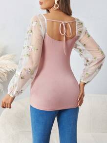 SHEIN Maternity Mesh Embroidery Patchwork Party Pregnancy T-Shirt - Pink - View 2