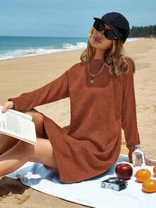 EURMUSE 女士實色膝長毛衣連衣裙 - 鏽棕色 - 查看 3