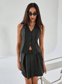 Chiquease Ensemble gilet sans dos style français avec nœud papillon et jupe plissée - Gris foncé - Voir 5
