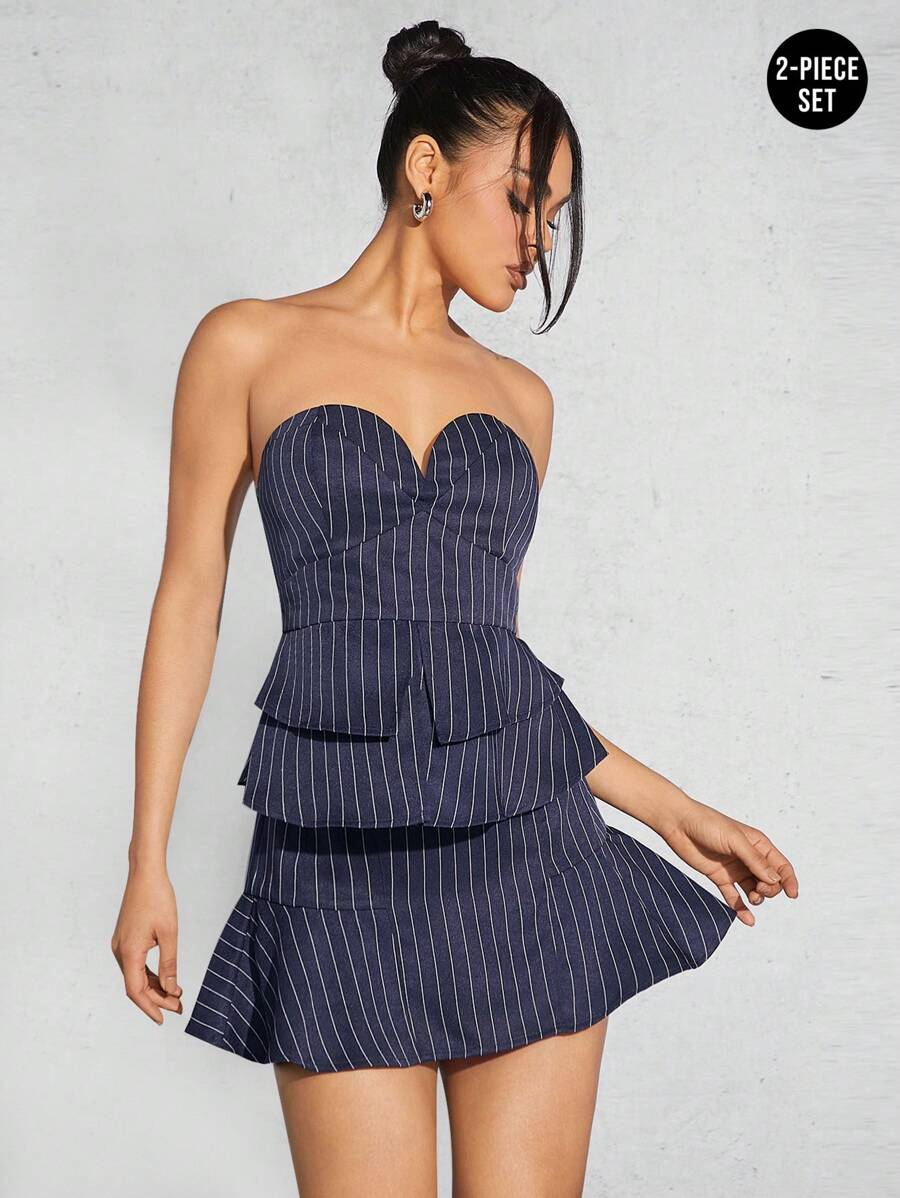 Hauture Striped Print Tube Top & Ruffle Hem Skirt - Blue - View 1