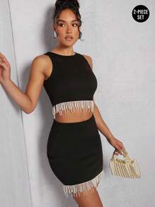 SHEIN Unity 仿珍珠流苏上衣和裙子两件套 - 黑色 - 查看 6