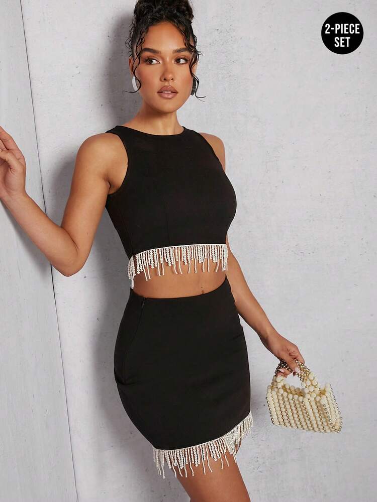 Faux Pearl Fringe Top & Skirt Two Pieces Set