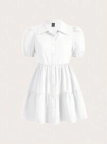 Slaydiva 假日泡泡袖V領蛋糕層寬鬆洋裝 - 白色 - 查看 2