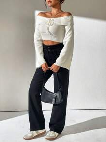 SHEIN Unity Off Shoulder Knot Front Crop Sweater For Dailywear, Knit Pullover Fall Winter - Beige - View 3