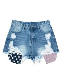 Women's American Flag Printed Distressed Denim Shorts With Frayed Hem And Pockets - Blue - View 5