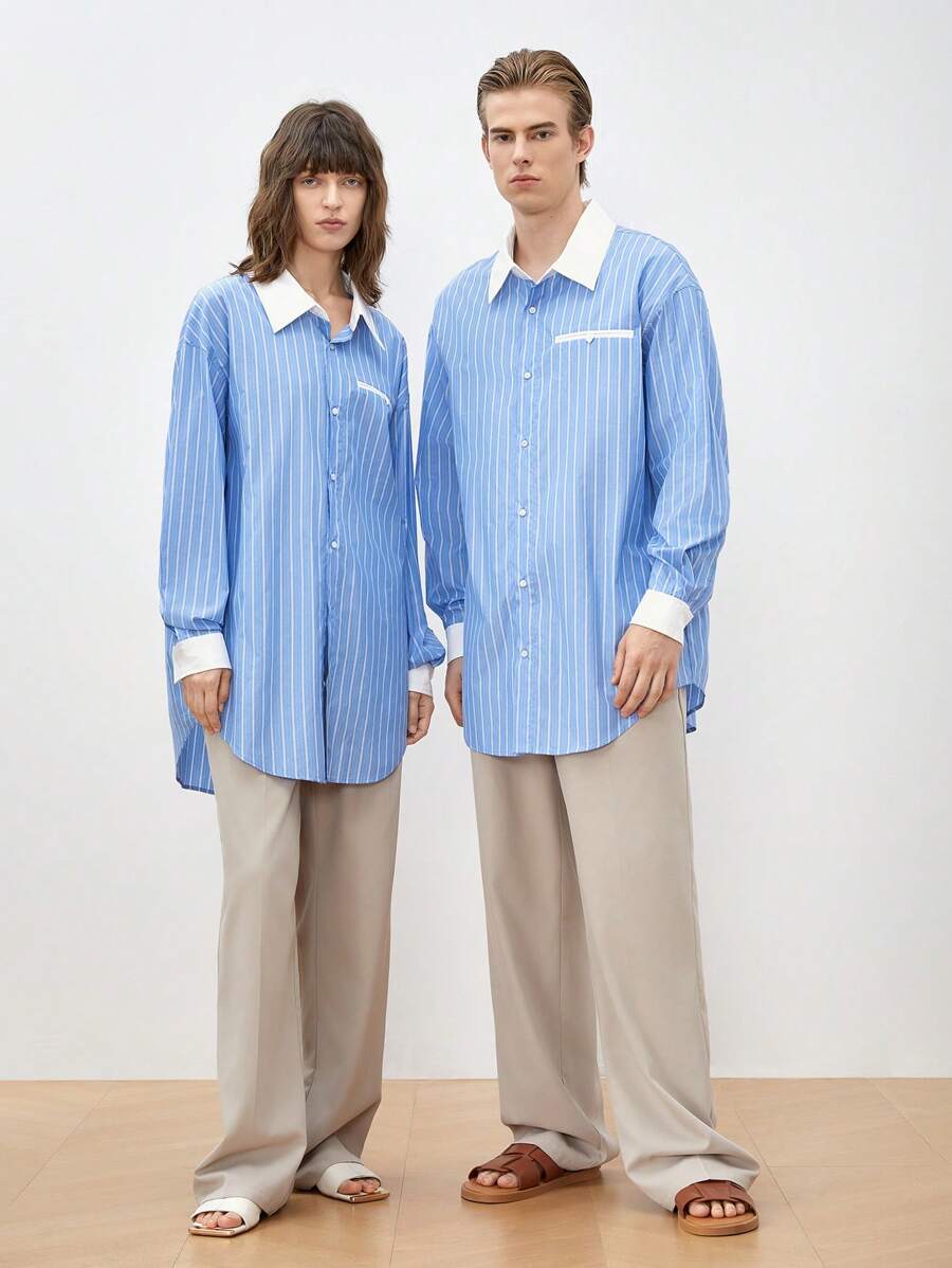 Manfinity VCAY 男款常規版型長袖披肩編織條紋襯衫，適合春秋季節 - 淺藍色 - 查看 1