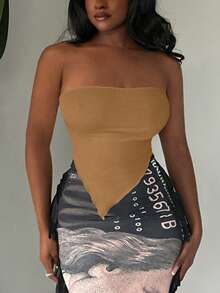 SHEIN SXY 2 cái/bộ Áo quây nữ có viền bất đối xứng màu trơn - Màu Khaki - Xem 4