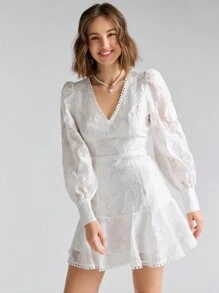 Enchnt Autumn White Palace Romantic Lantern Long Sleeve Backless Ruffle Hem Lace Jacquard Short Dress - White - View 3
