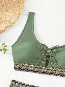 SHEIN Swim Women's Summer Beach Striped Bikini Set With Woven Strap, Halter Tie, And Separated Bikini Set - Army Green - View 4