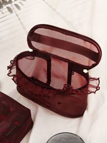 1pc Heart Pattern Makeup Bag L/S Size Mesh Fabric Love Embroidered And Lace Trimmed Cosmetic Bag With Ruffle Edge And Handle Makeup Bag Storage Makeup Organizer Makeup Case Frill Pattern Cosmetic Bag Embroidery And Lace Detail, Charming Handheld Cosmetic Pouch For Wedding Gift, Gift, Friend Gift, Bridesmaid Gift, Her, Birthday Gift Makeup Bags Make Up Organizer Makeup Storage