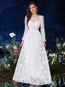 MIUSOL Full Floral Lace White Wedding Formal Dress - White - View 4