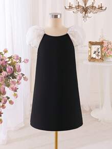 Tween Girl Loose Elegant Color-Block Puff Sleeve Dress With Back Bow Decoration