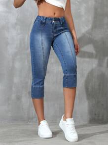 SHEIN EZwear 斜口袋修身腳踝七分牛仔褲，適合日常穿著 - 中等水洗藍 - 查看 5