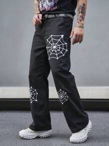 Manfinity EMRG Men Spider Web Print Straight Leg Jeans Without Belt - Black - View 4