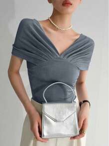 Chiquease Women's Summer Solid Color Slim Fit Off-Shoulder Pleated T-Shirt - Grey - View 1