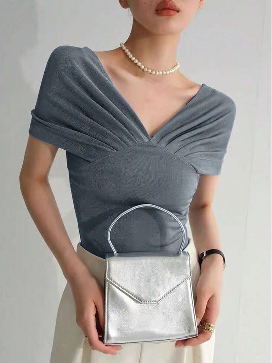 Chiquease Women's Summer Solid Color Slim Fit Off-Shoulder Pleated T-Shirt - Grey - View 1