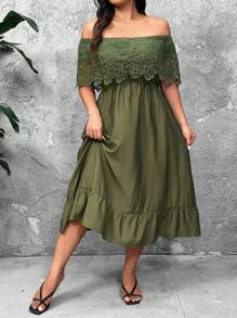 SHEIN Clasi Plus Off Vai Guipure Ren Panel Ruffle Hem Dress - màu xanh lá - Xem 1