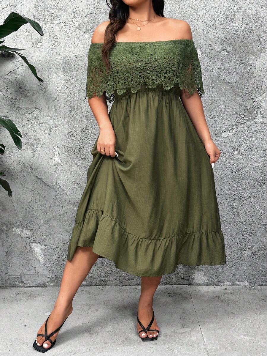SHEIN Clasi Plus Off Vai Guipure Ren Panel Ruffle Hem Dress - màu xanh lá - Xem 1