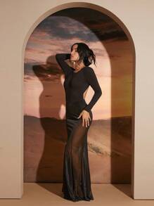 Hauture Women's Backless Long Sleeve Sexy Maxi Party Dress - Black - View 5