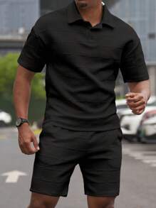 Manfinity Homme 男士休閒 Polo 衫與短褲套裝，極簡風格日常穿著，夏季男士綠色兩件式布料套裝，男士休閒兩件套，不對稱剪裁 - 黑色 - 查看 3