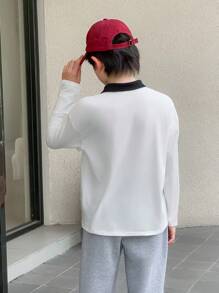 SHEIN Tween Boys' Loose Patterned Collared Colorblock Long-Sleeved Polo Shirt - White - View 2