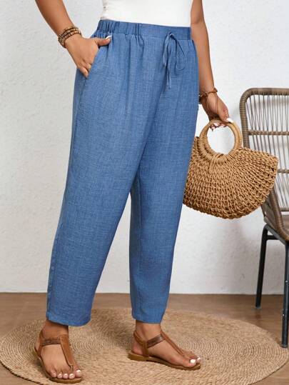 SHEIN Frenchy Calça Casual de Cor Sólida Plus Size com Cintura Elástica e Bolsos Diagonais