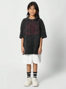 SUMWON Camiseta lavada con bordado en un corte sobredimensionado para niñas preadolescentes - Negro - Ver 1
