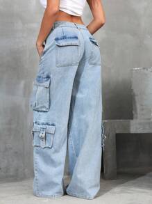 Front Button Multiple Pocket Side-Strap Jeans, Daily Casual Wear Low Rise Straight Leg Jeans - Light Wash - View 3
