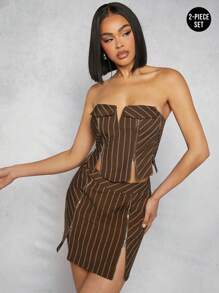 Hauture Striped Zipper Notch Top & Skirt Two Pieces Set - Brown - View 7