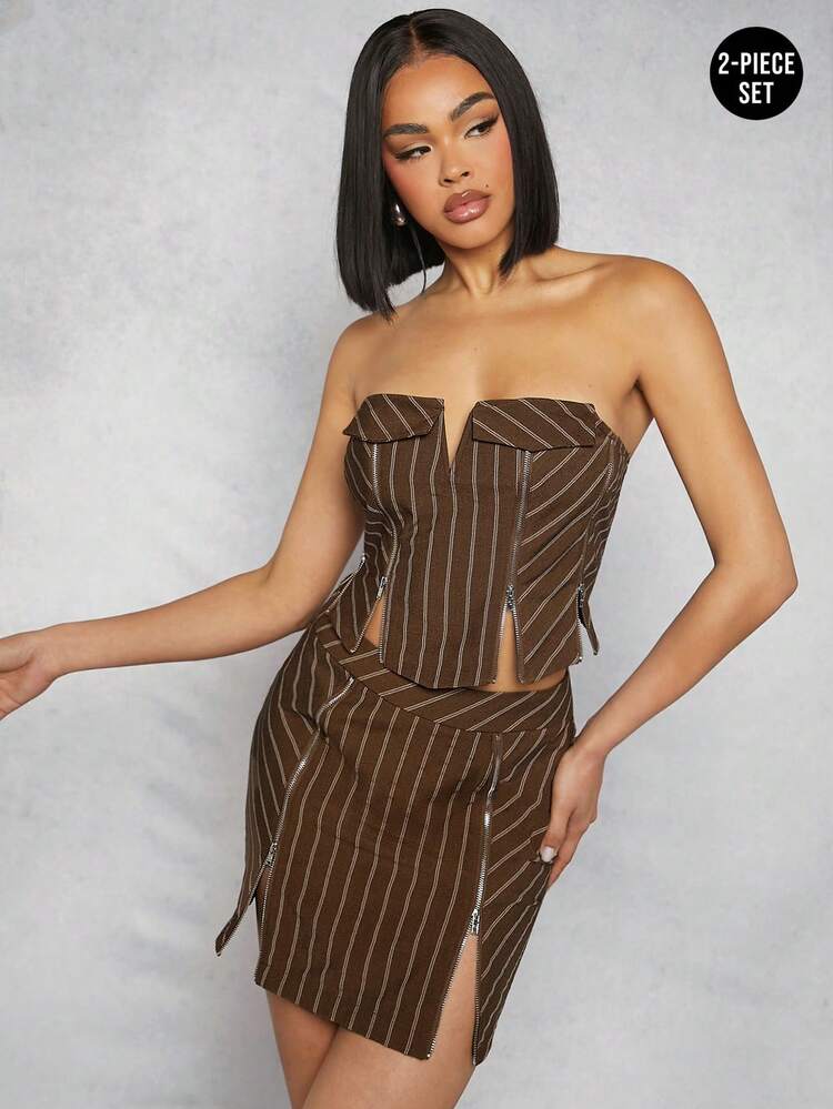 Striped Zipper Notch Top & Skirt Two Pieces Set