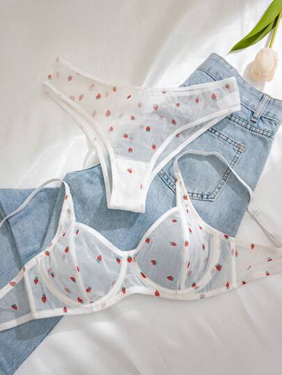 Mesh Strawberry Print Breathable Underwire Verleidelijke BH Triangle Panties (Sexy Underwear Set) Schattige Women Set, Lingerie view 5