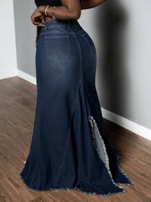 Slaydiva High Waist Raw Trim Mermaid Hem Denim Skirt - Dark Wash - View 3