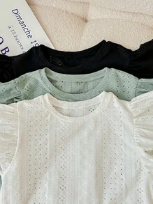 SHEIN LMoss Kids Para preadolescente niña, conjunto de 3 piezas de camisetas básicas con manga de gorra de punto tejido y cuello redondo con tejido jacquard unicolor en colores adecuados para verano