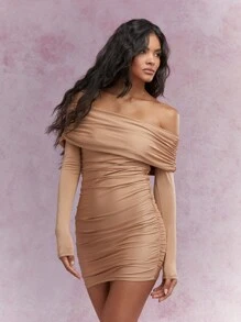 MISSGUIDED Asymmetric Satin Look Ruched Flap Off Shoulder Long Sleeve Bodycon Mini Dress