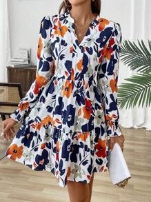 SHEIN LUNE Floral Print Notched Neck Ruffle Hem Smock Dress - Multicolor - View 3