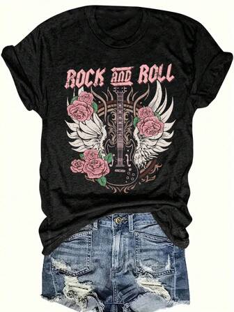 Calvaya Damen Sommer Rock Engelsflügel & Rosen Muster Transferdruck Kurzarm T-Shirt Grafikshirt Damenshirts