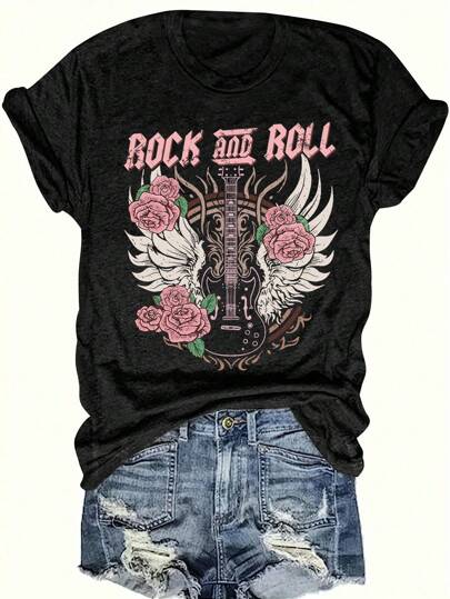 Glissea Women's Summer Rock Angel Wing & Rose Pattern Heat Transfer Printed Short Sleeve T-Shirt Graphic Tees Women Tops