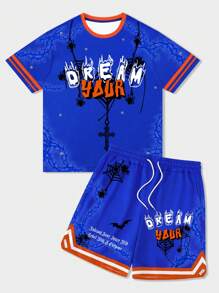 ROMWE MEN Street Life 男士字母圖形條紋T恤和束腰短褲 - 彩色 - 查看 1