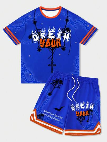 Street Life Tee-shirt rayé graphique avec lettre pour homme et short à taille avec cordon