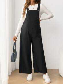 SHEIN Mono de maternidad casual con tirantes ajustables, pantalones nueve con botones laterales elásticos