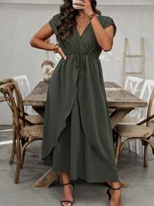 SHEIN Clasi Plus Size Women's Solid Color Simple Daily Wear Dress Women Outfit - Army Green - View 3