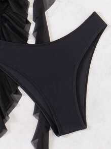SHEIN Swim Women's Summer Beach Solid Color Splicing Mesh Layer Ruffled Bandeau Swimsuit - Black - View 3