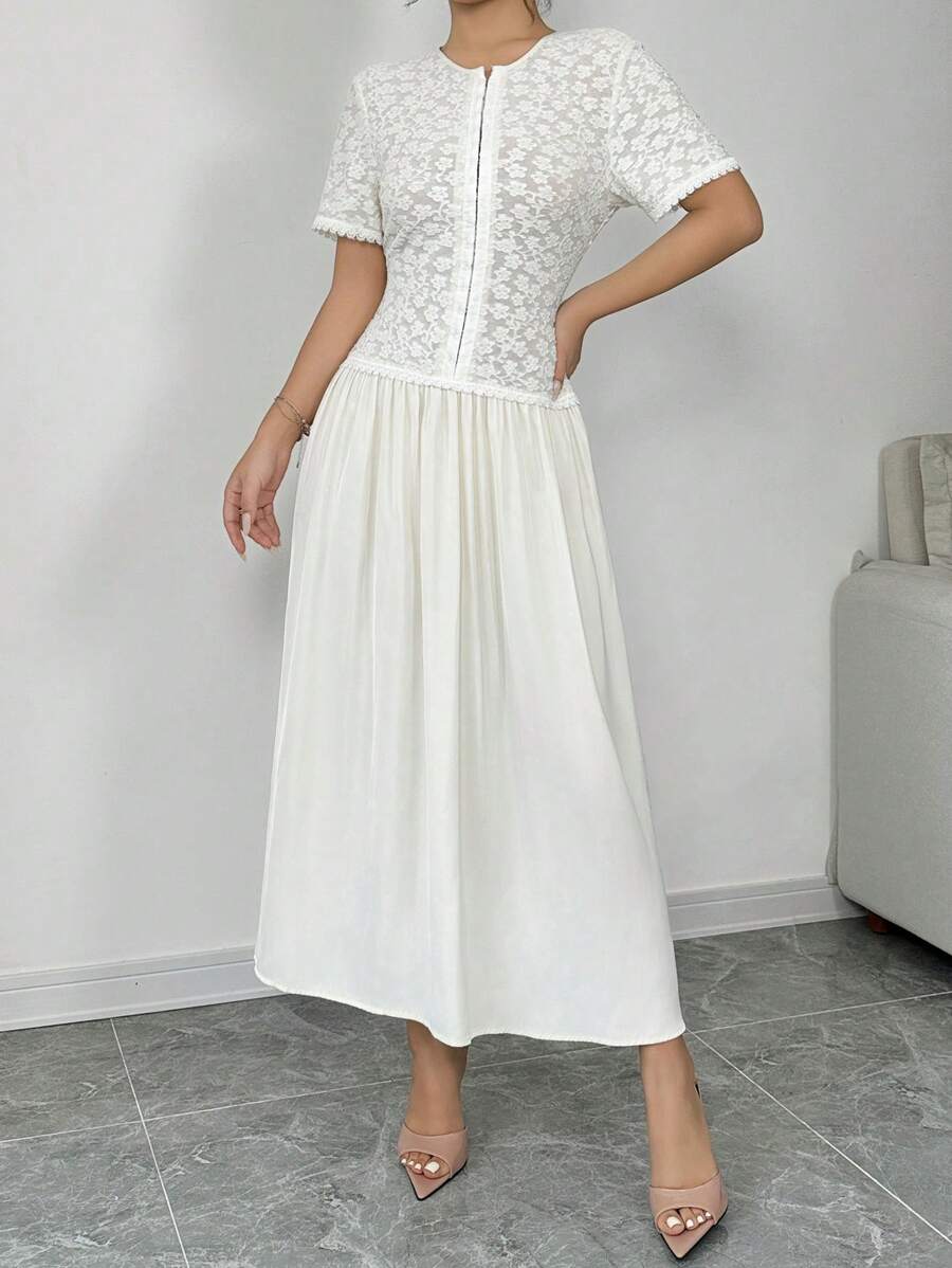 SHEIN Clasi Knitted & Satin Patchwork Dress - Beige - View 1
