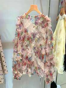 Franclia Women's Floral Print Mesh Long Sleeve Shirt With Ruffle Trim, Perfect For Vacation Fall Cloth For Women - Beige - View 2