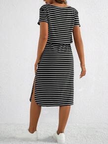 SHEIN Maternity Summer Round Neck Short Sleeve Striped Waist-Tied Casual Nursing Dress - Black and White - View 2